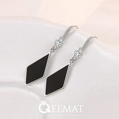 Natural Black Agate Drop Earrings Rhombus Shape Made in Silver