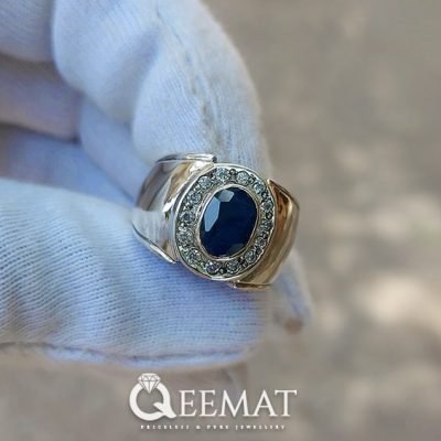 Natural Dark Blue Sapphire Ring for Men - Halo Design Silver Ring