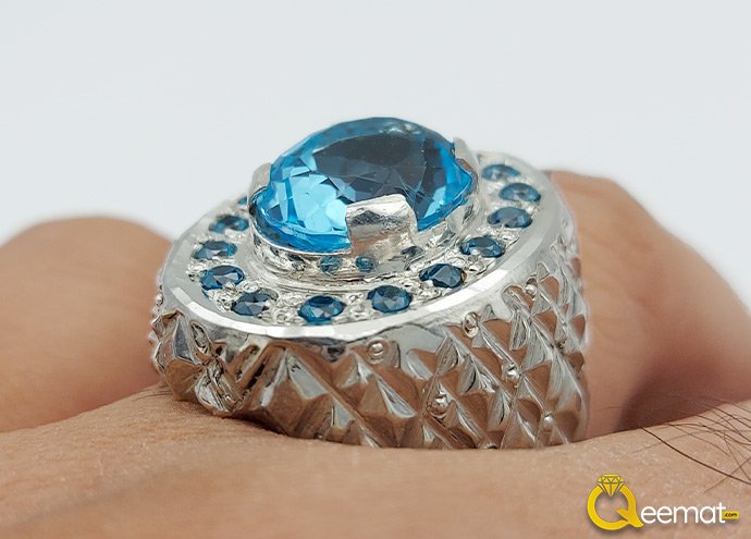 Beautiful Blue Topaz Pure Silver Ring Small Burfi Style For Men