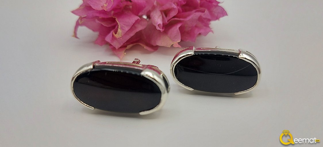 Black Agate Studs For Men's Clothing in Pure Silver