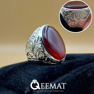 Flower Art 925 Silver Ring with Natural Agate Stone for Men's