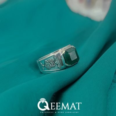 Handmade Men's Silver Ring with Natural Emerald Stone and Engraved Words