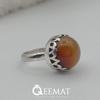 Round Brown Agate Silver Ring for Girls - Brown Stone Women's Ring