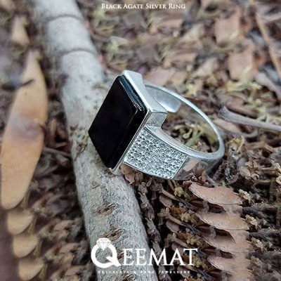 Men's Silver Ring with Black Agate and Small Zircon Gemstones