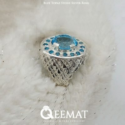 Blue Topaz Silver Ring for Men with Small Aquamarine Stones