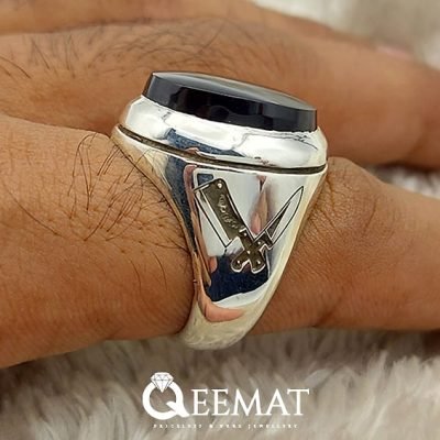 Personalized Silver Ring for Him with Real Black Agate Stone
