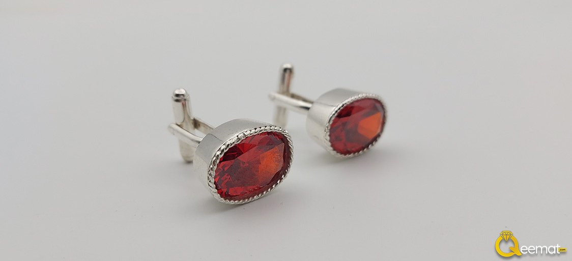 Red Zircon Gemstone Silver Cufflinks For Men's