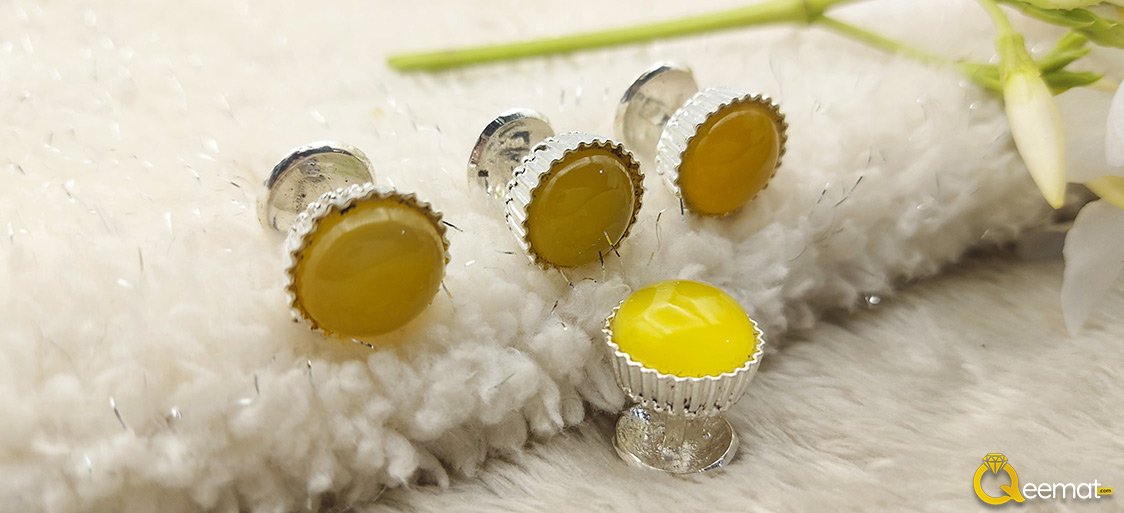Beautiful Yellow Agate Silver Cuff Buttons for Men's