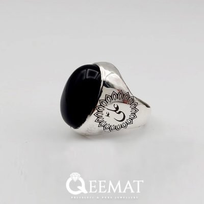 Black Yemeni Agate Cabochon Silver Ring with Religious Names or Signs