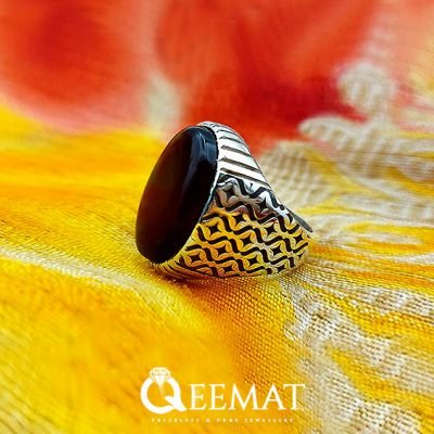 Deep Brown Agate Silver Ring for Men's - Argyle Engraved Pattern Design
