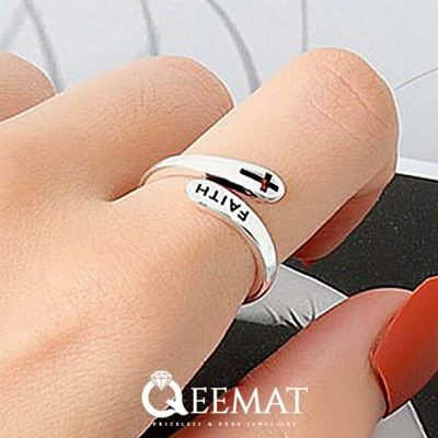 Open Ended Christian Silver Cross Ring - Faith Word Silver Ring