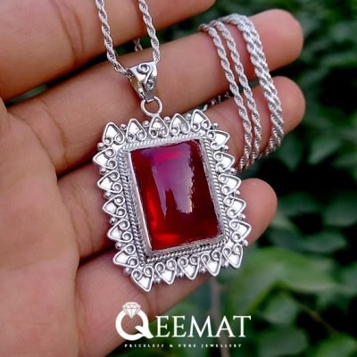 Art Deco Style Big Red Stone Necklace of Sterling Silver (Handmade)