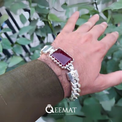 Engraved Bracelet for Men - Customizable Red Agate Silver Bracelet